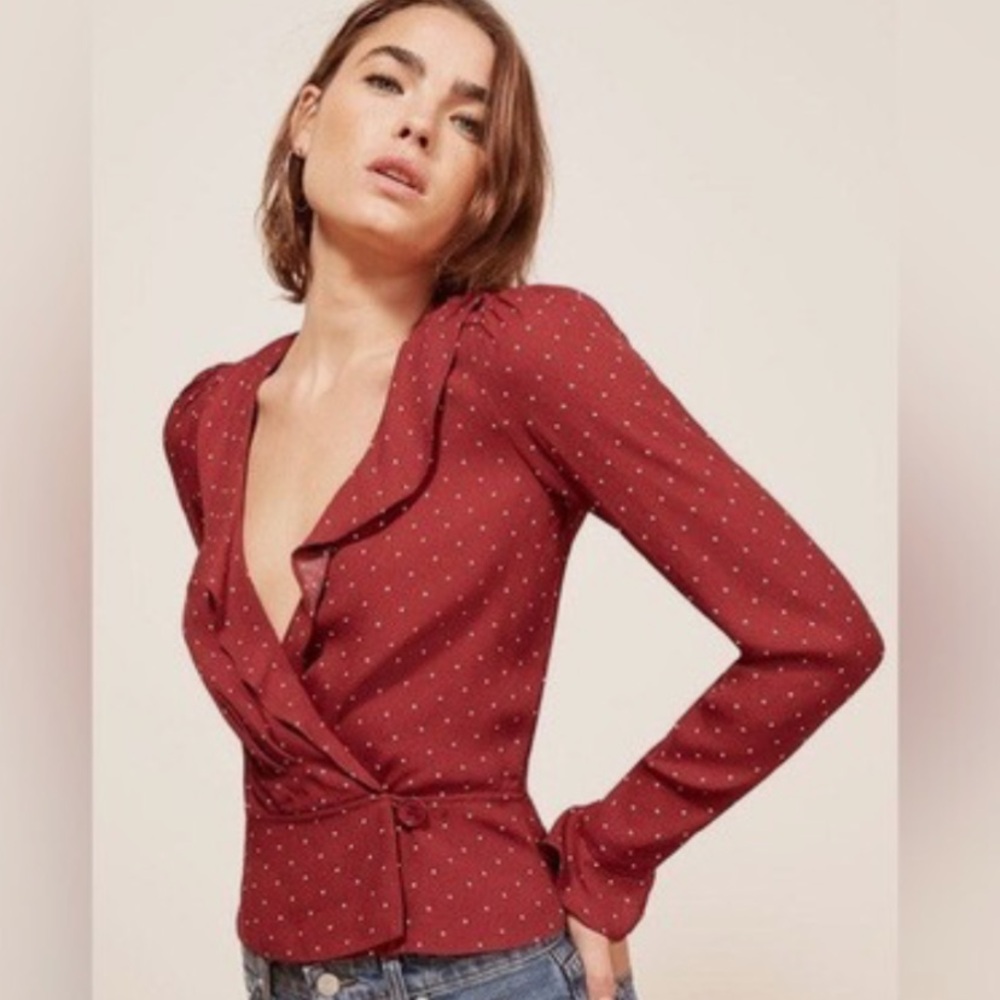 Reformation Lee Red Polka Dot Wrap Top